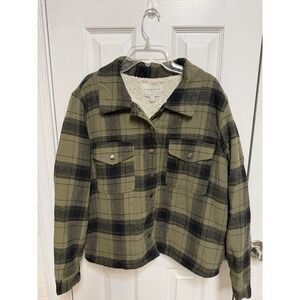 Lucky Brand Sherpa Lined Shacket  Plaid Olive Green Utility Overshirt Women's L